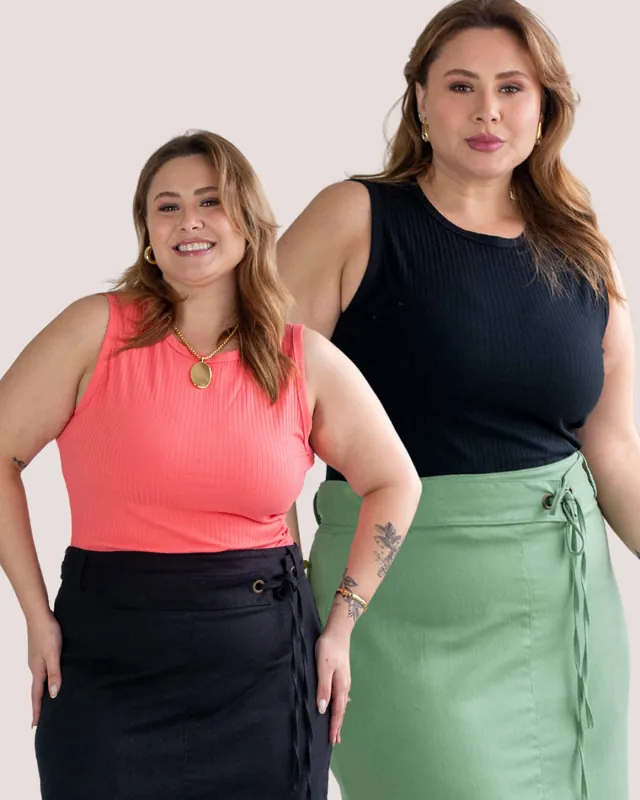 Two plus size models wearing ribbed tank tops and skirts